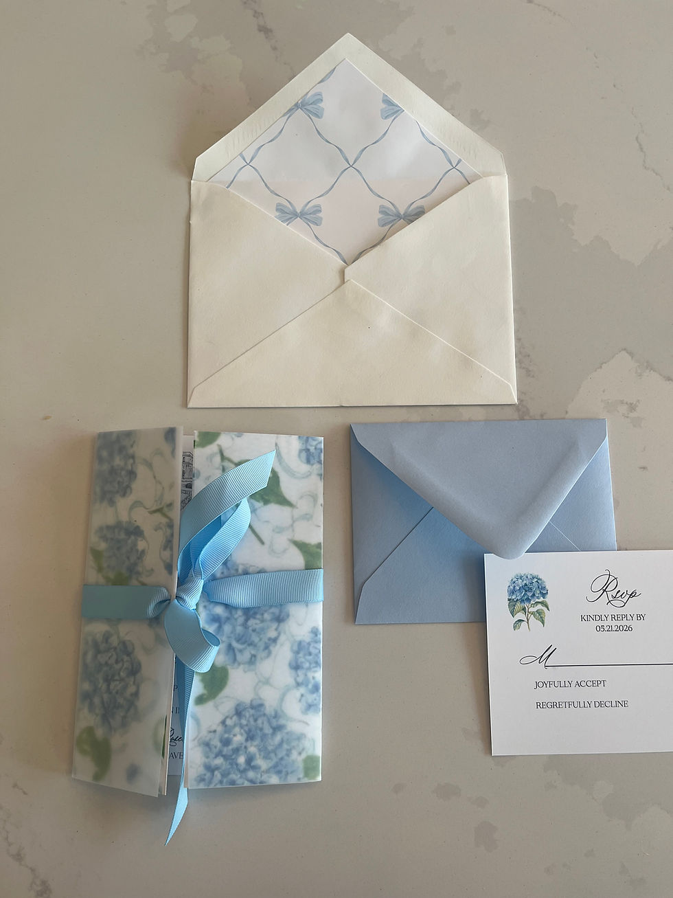 Thumbnail: Blue Hydrangea Vellum Wedding Invitation Suite quantity 25
