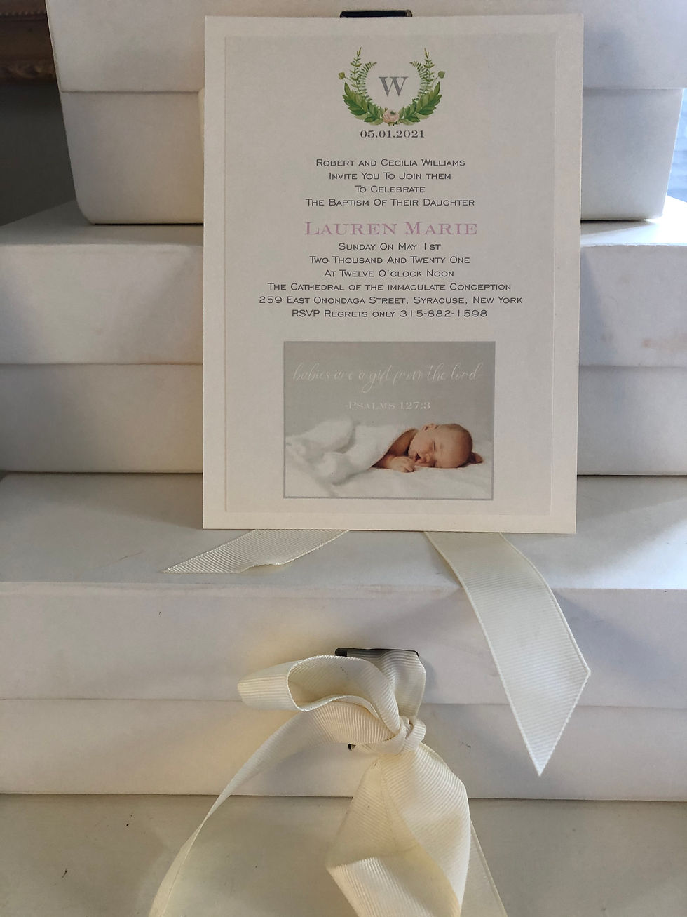 Thumbnail: Laurel Wreath Monogram Photo Christening Invitation