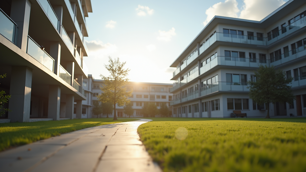 Eye-level view of a university campus with modern buildings