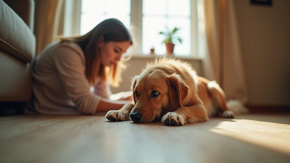 Eye-level view of a pet sitter playing with a dog