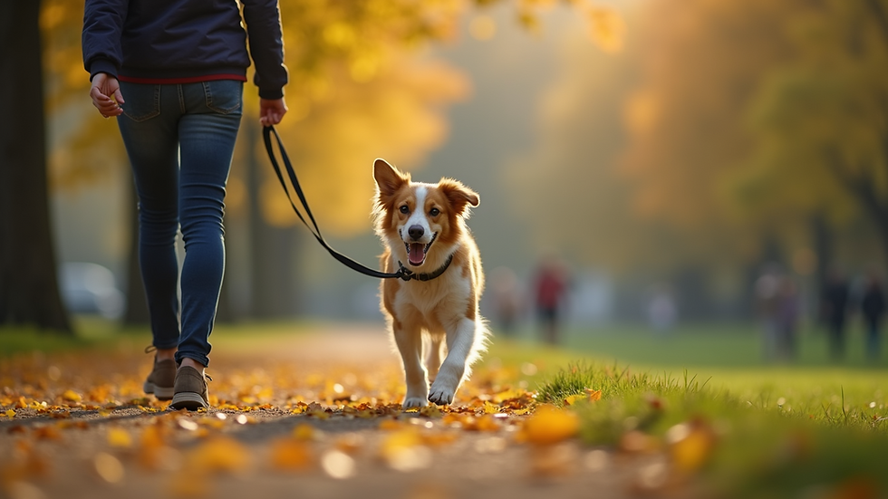 Eye-level view of a dog walker with a happy dog in a park