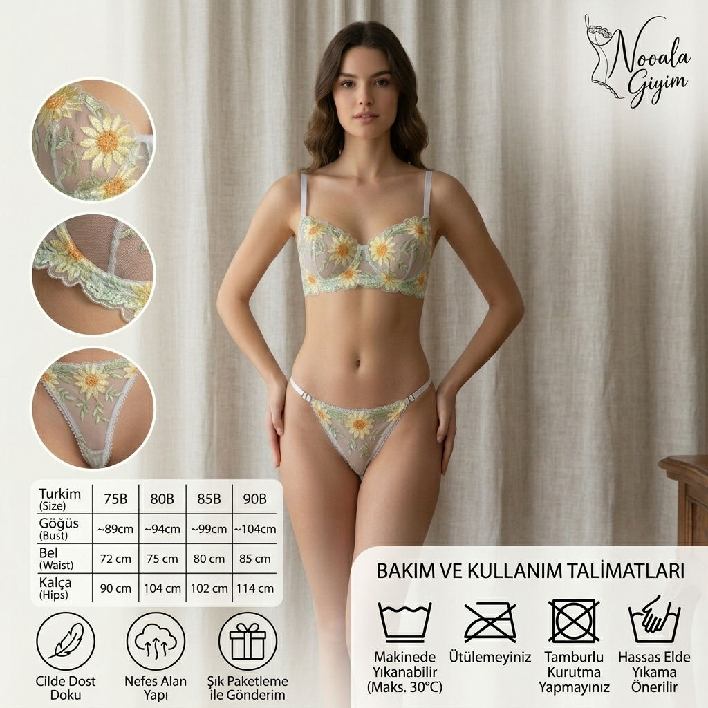 Papatya Nakışlı Transparan Tül Balenli Sütyen & String Takımı | Nooala Giyim