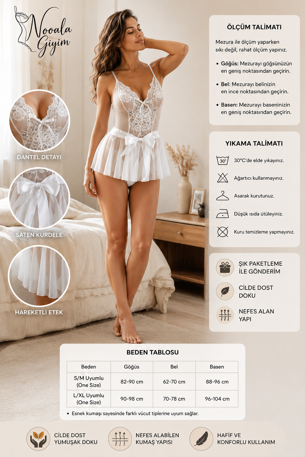 Beyaz Dantel Detaylı Etekli Fantazi Body | Nooala Giyim