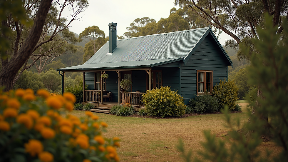 Eye-level view of a cozy cottage surrounded by native Tasmanian bush