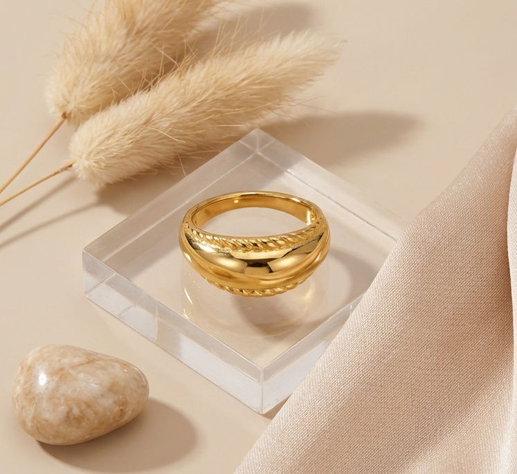 縮圖：Vintage Gold Wide Band Ring | Textured Stainless Steel Statement Ring Wholesale