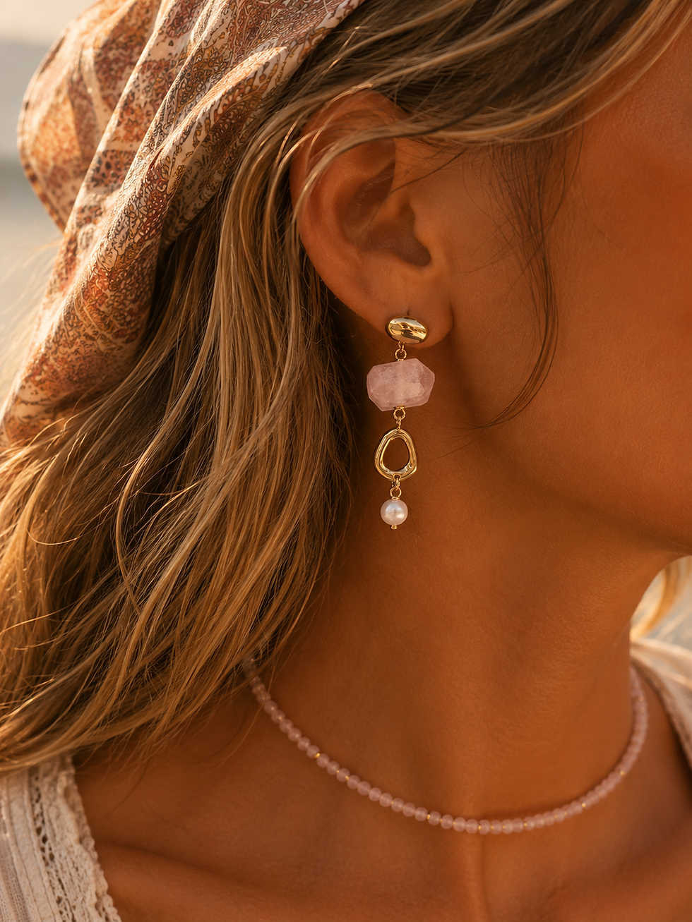 Contemporary Organic Rose Quartz Pearl Earrings with Freshwater Pearl