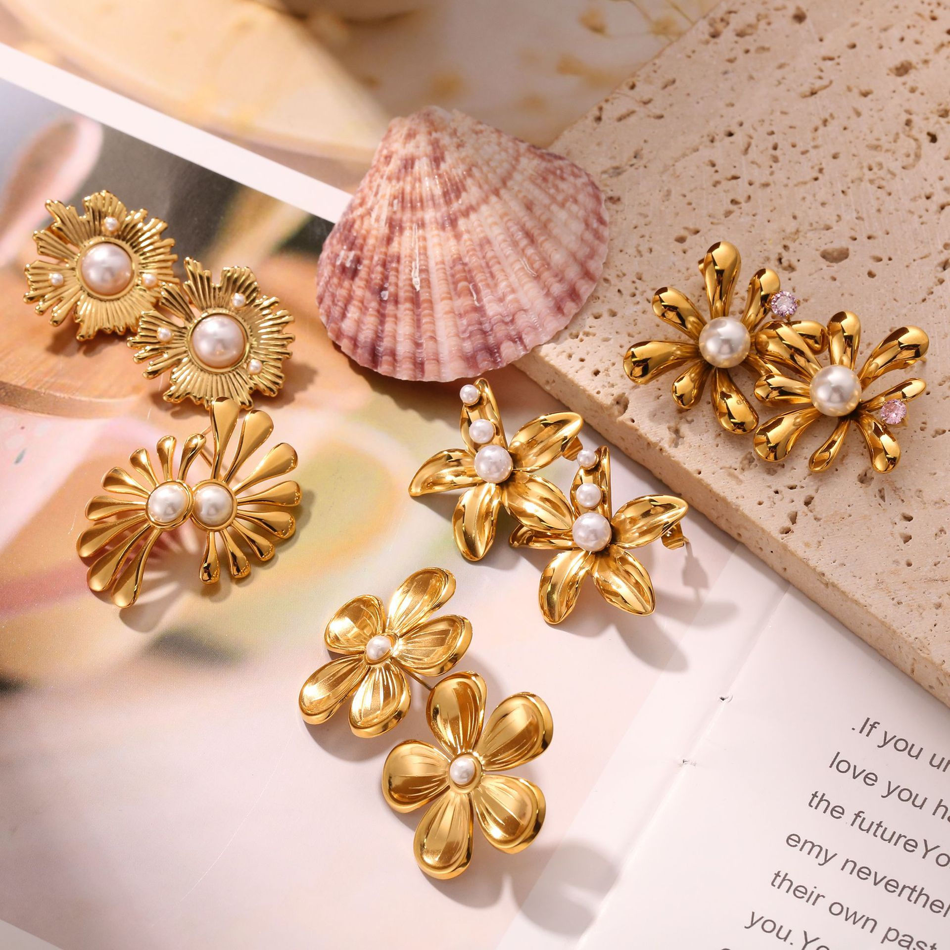 Floral Pearl Stud Earrings – 18K Gold Vacuum Plated Stainless Steel