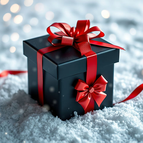 Beautiful snowy sparkely christmas background with a wrapped gift box, black with red ribb