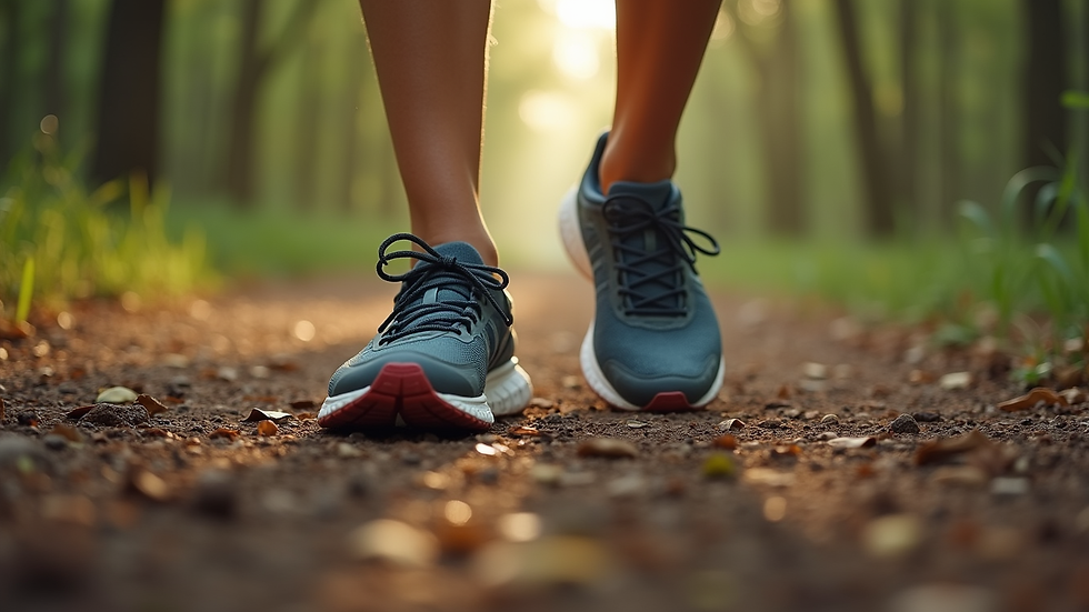 Close-up view of a pair of running shoes on a forest trail