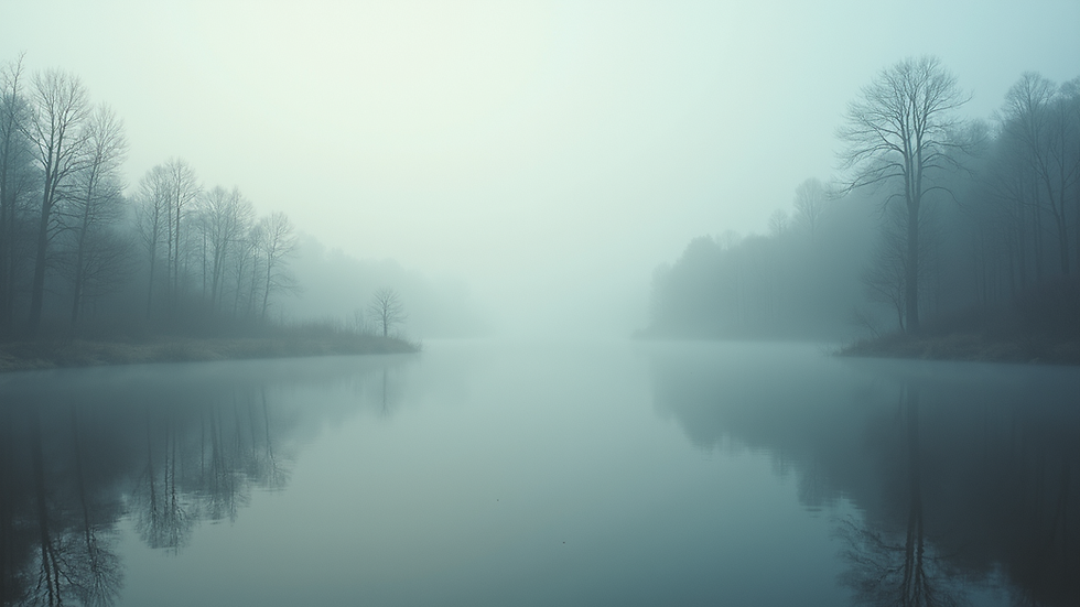 Eye-level view of a serene lakeside with morning mist