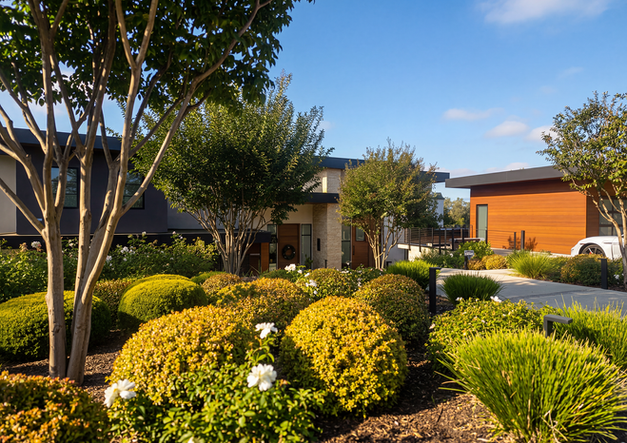 Front yard view of the contemporary home with wood and stone siding, showing the geometric shrub planting and ornamental trees in a Los Altos front yard.