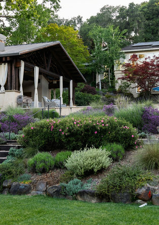 Hillside pavilion framed by drought-tolerant plantings and stone steps.