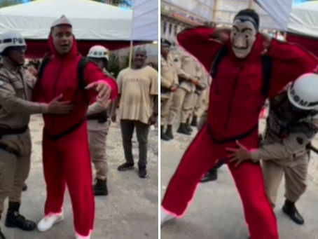 Com fantasia de La Casa de Papel, famoso cantor baiano é enquadrado por policiais; confira