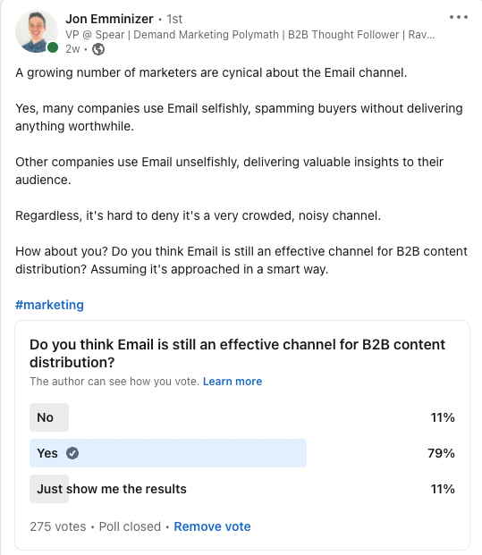 Poll from Jon Emminizer showing email as a valid B2B content distribution channel