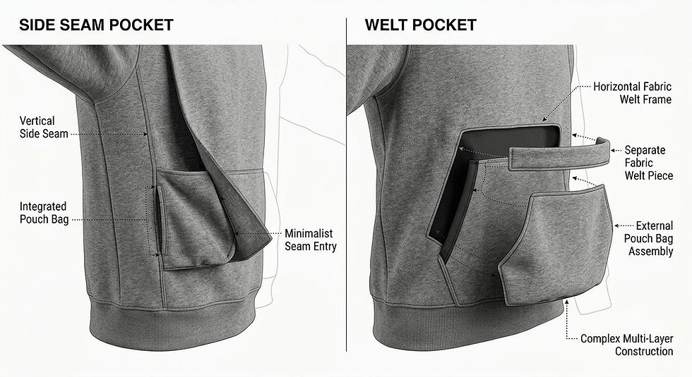 Side seam and welt pockets in hoodies