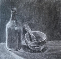 Lysatmosfære, Grethe Hagenes, Stilleben low key, 25x25, kull på papir.