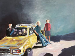 Semesteroppgave,Elfrid Stabellini,Akryl på lerret 60x80cm, kr 5000,-,Mor og far skal kjøre