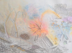 Grethe Skogstad, "Essenser av høst", 120 x 140. Blekk, blyanter, soft pastell på papir.