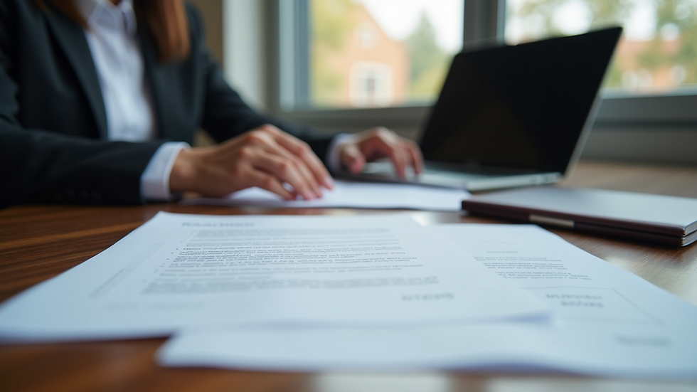 Eye-level view of a solicitor’s desk with legal documents and a laptop