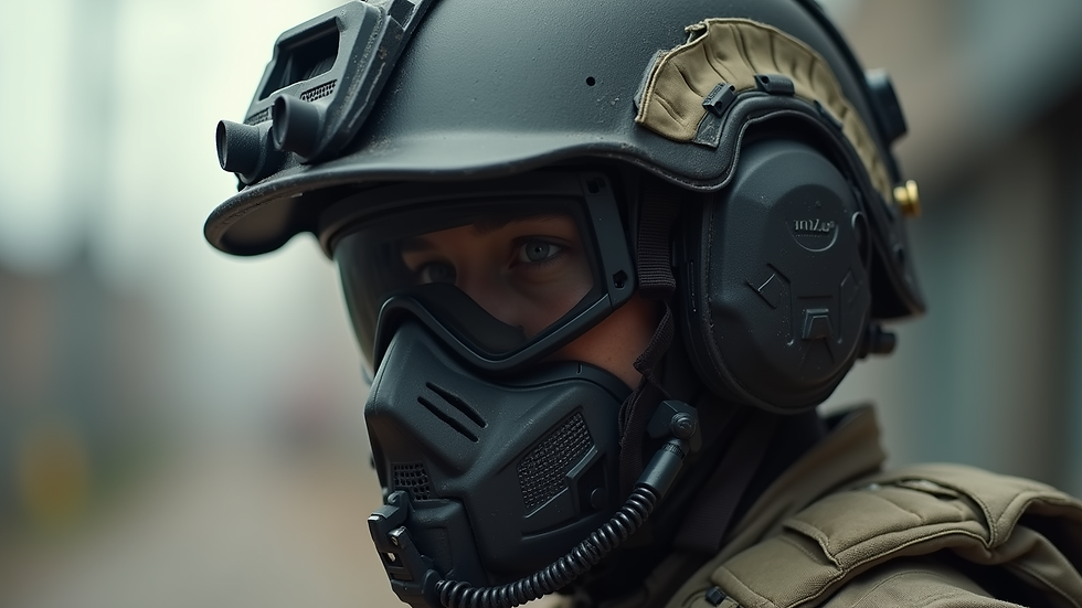 Eye-level view of tactical helmet with integrated communication system