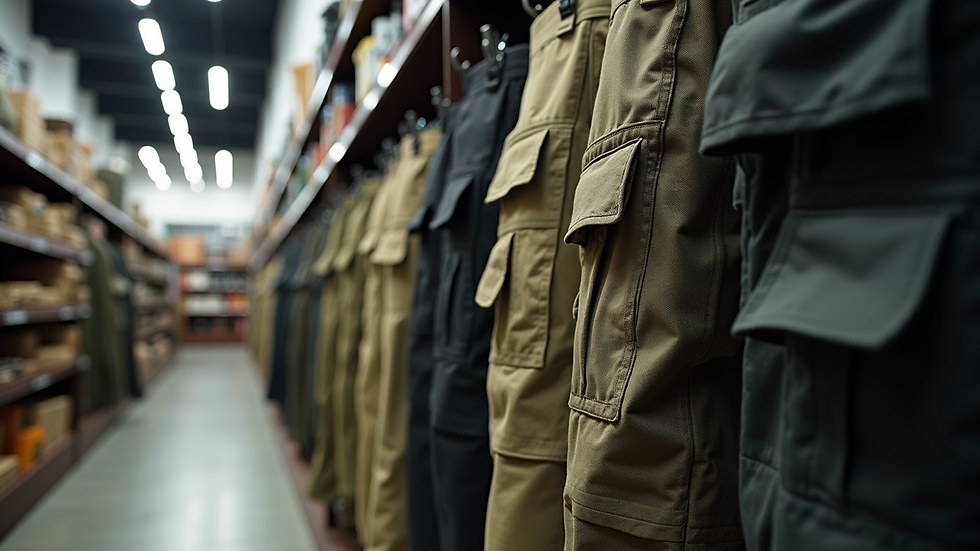 Eye-level view of tactical pants displayed on a rack in a store