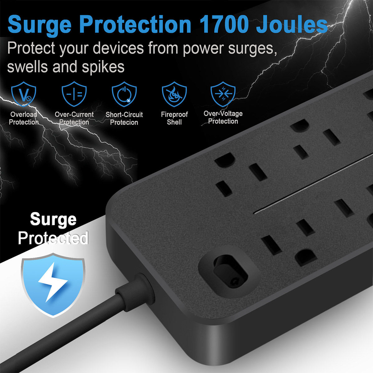 12-Port Power Strip with 8 AC Outlets 3 USB Ports & 1 Type-C Fast Charging Port