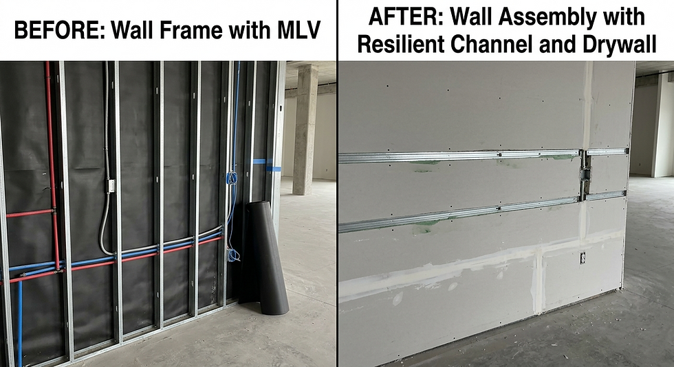 Before and after wall soundproofing installation in a Texas commercial space