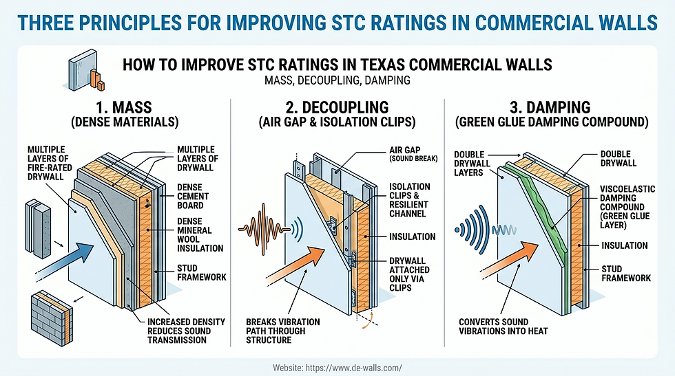How to improve STC ratings in Texas commercial walls - mass, decoupling, damping