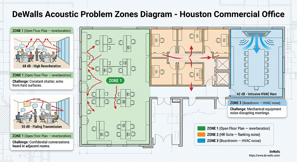 Floor plan diagram showing three acoustic problem zones identified by DeWalls in a Houston commercial office