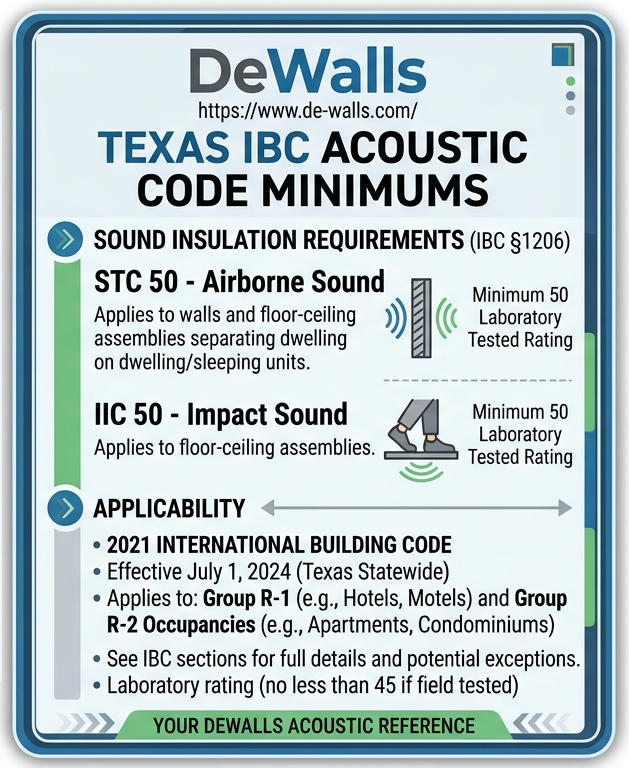 Texas IBC 2021 acoustic code minimums STC 50 IIC 50 commercial building requirements