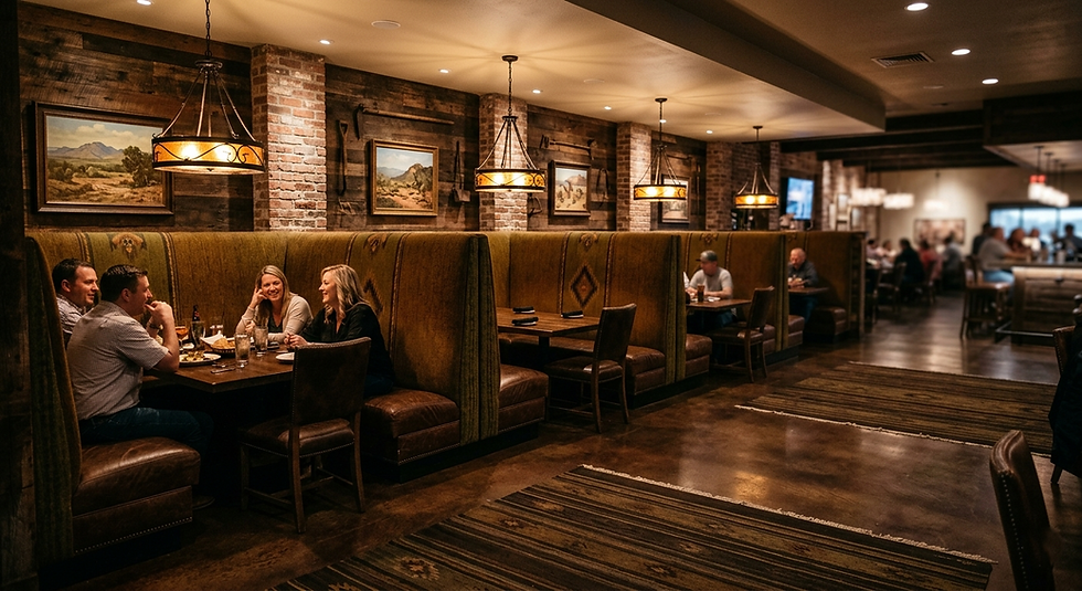High-backed upholstered banquette seating in a Texas restaurant creating acoustic zones and reducing dining room noise.