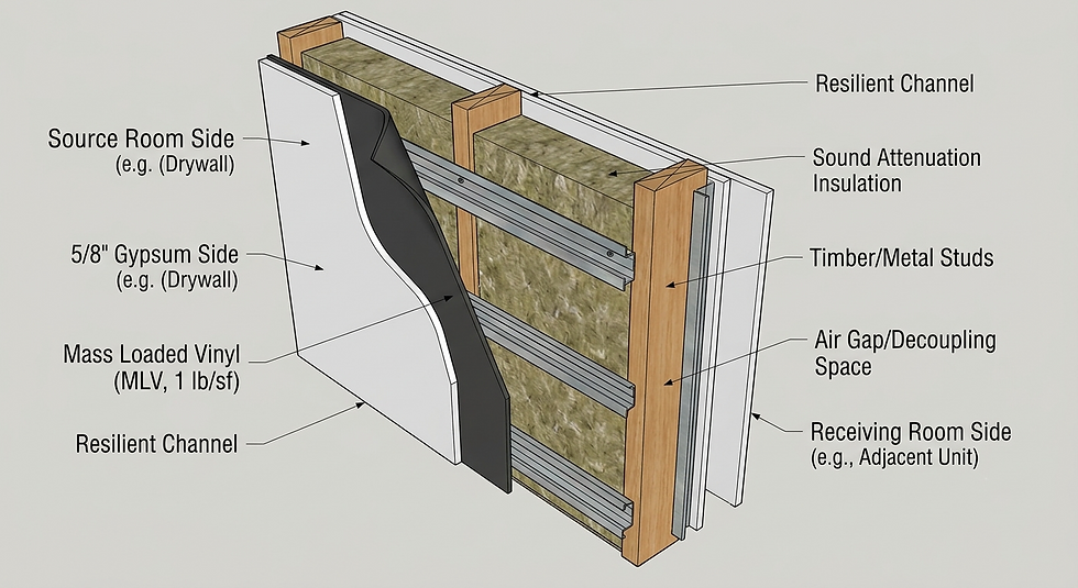 Soundproof wall assembly diagram with mass loaded vinyl and resilient channels