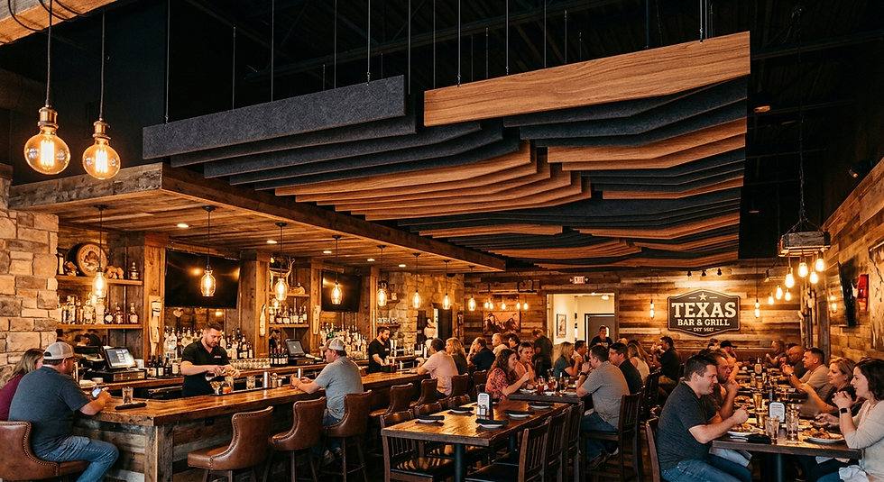 Acoustic ceiling baffles installed above a Texas restaurant bar and dining area for noise reduction.