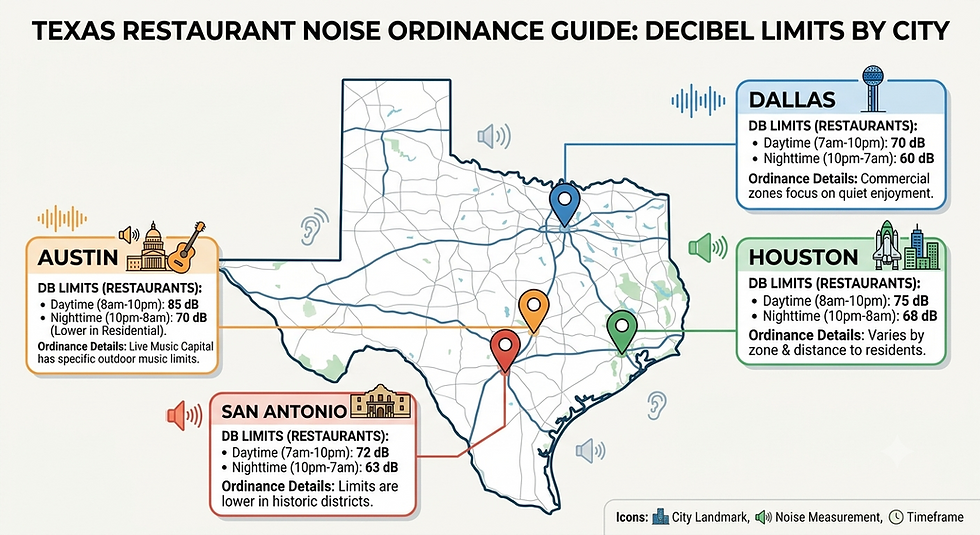 exas restaurant noise ordinance map showing decibel limits for Austin, Dallas, Houston, and San Antonio.
