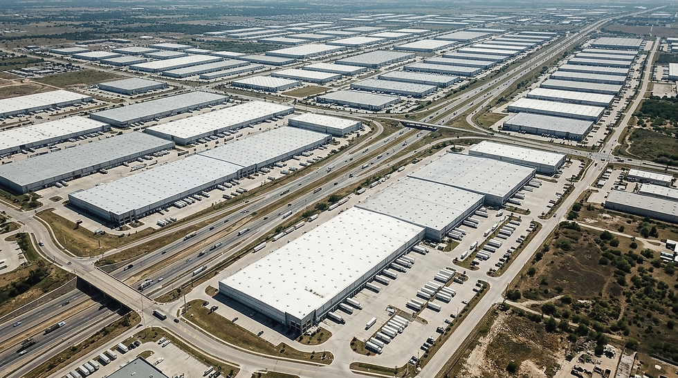 Aerial view of Texas distribution center industrial park showing warehouse scale and density