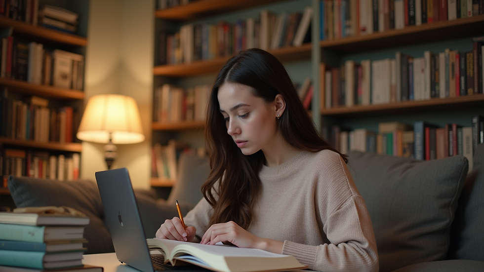 Eye-level view of a student studying with a laptop and books