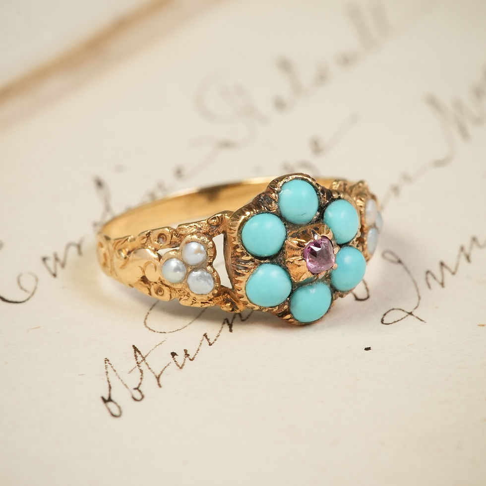Thumbnail: Victorian Turquoise, Pink Sapphire & Pearl Forget Me Not Ring