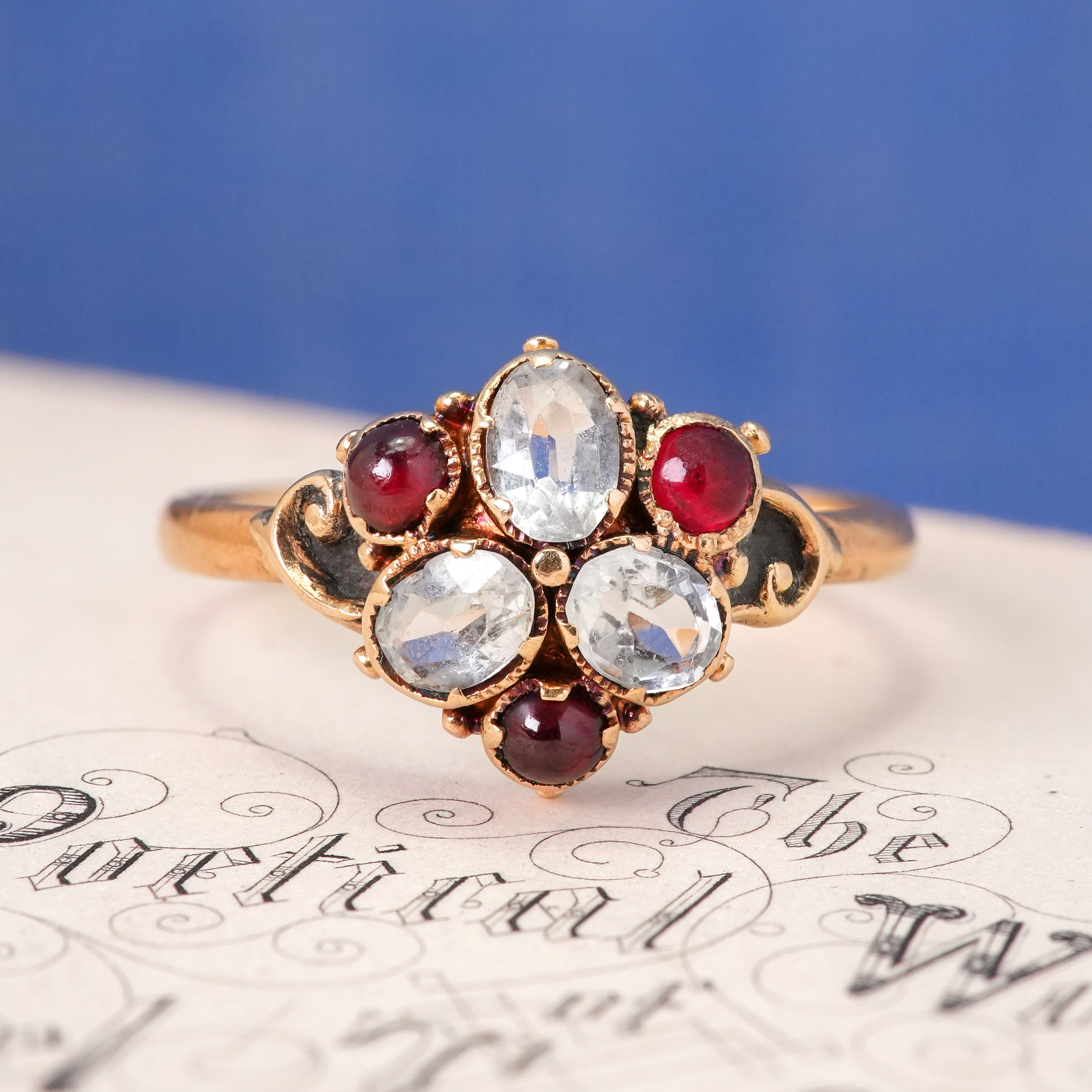 Victorian Aquamarine & Garnet Trefoil Ring