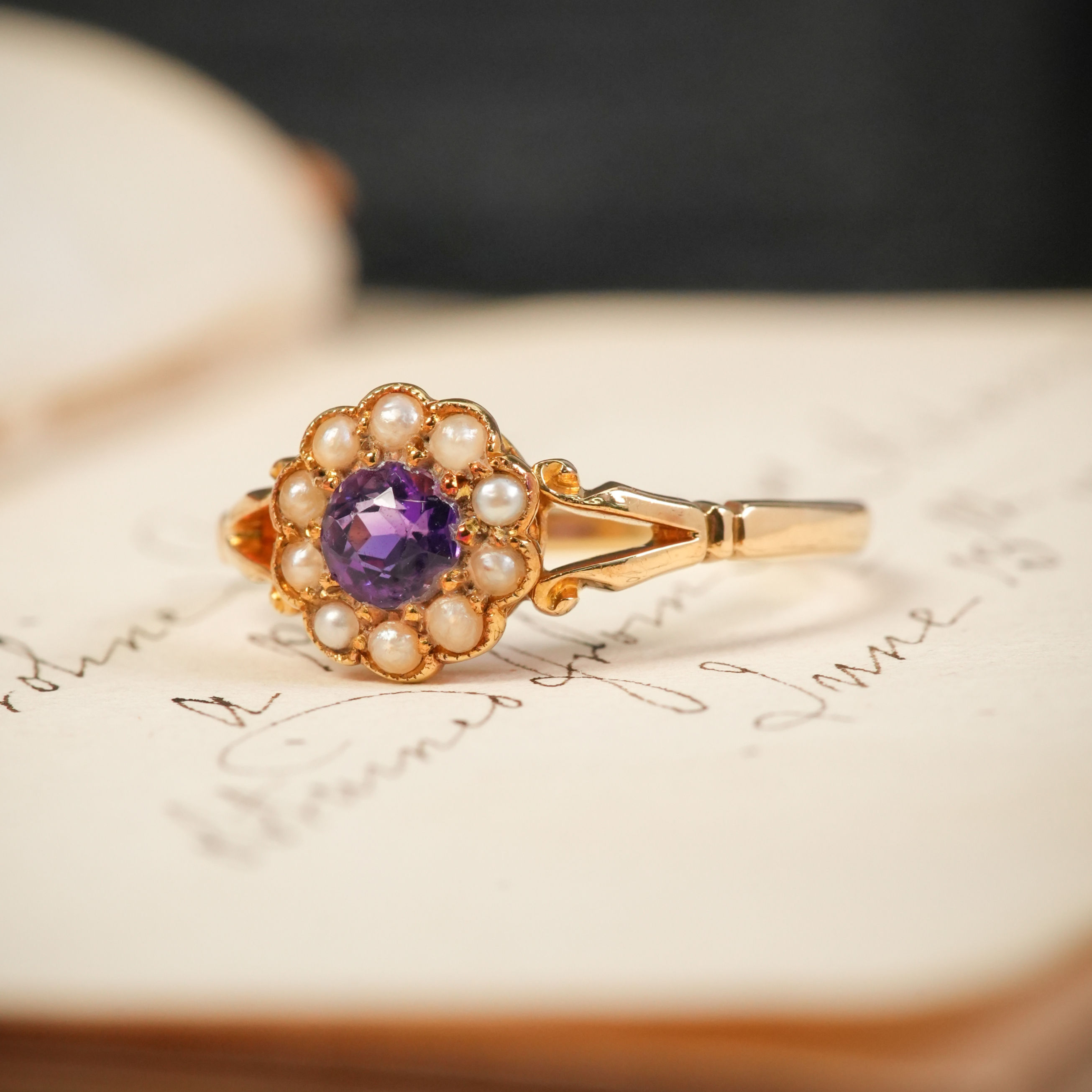 Edwardian Amethyst & Pearl Cluster Ring