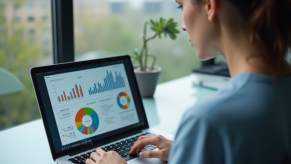 Eye-level view of a businesswoman analyzing charts on a laptop