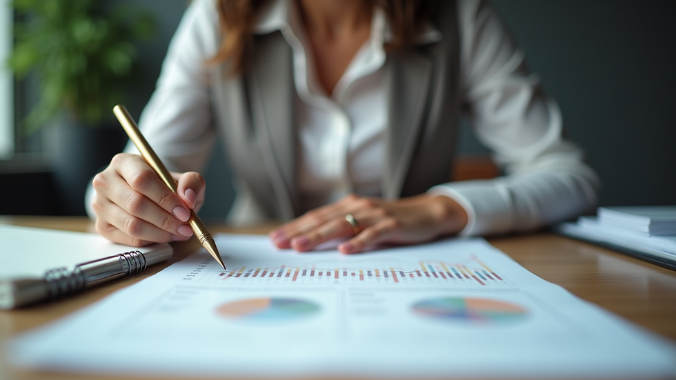 Eye-level view of a businesswoman reviewing a strategic plan on a desk