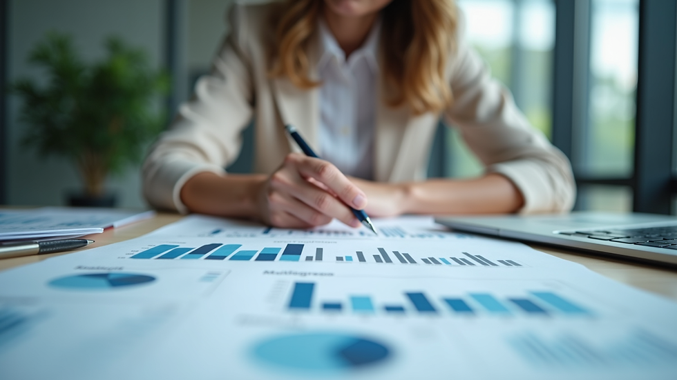 Eye-level view of a businesswoman analyzing charts and graphs on a desk