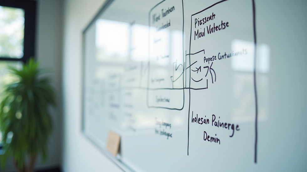 Eye-level view of a whiteboard with strategic planning notes and diagrams