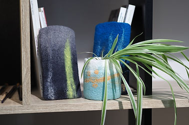 2 pochettes en feutre et un cache-pot en feutre avec une plante dedans, sur une étagère en bois, avec des livres derrière