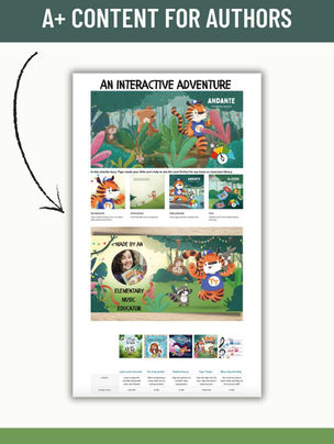 Illustrated children's book page with tiger and jungle animals. Text: "An Interactive Adventure" and "A+ Content for Authors." Website: athomeauthor.com.
