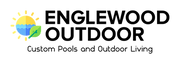 Company Logo that states Englewood Outdoor, custom pools and outdoor living combined with blue water, sun, and a green leaf