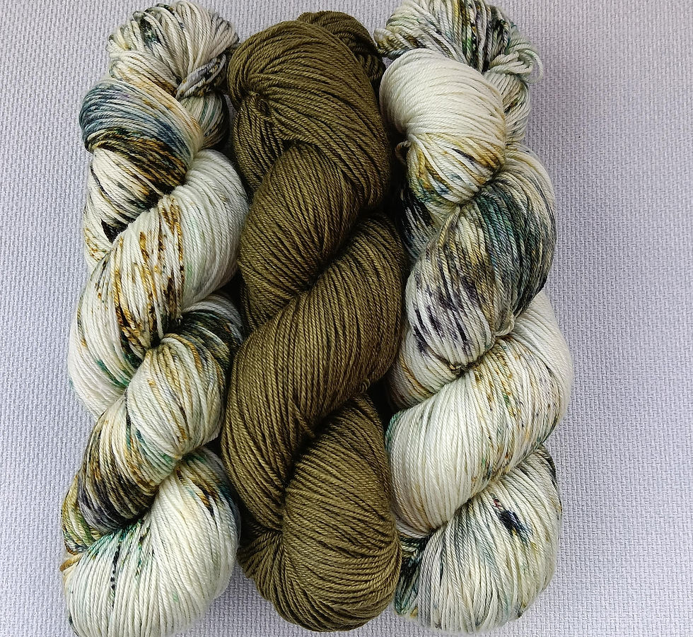 2 hanks of Snow Bark hand dyed yarn with 1 hank of green dyed yarn to match