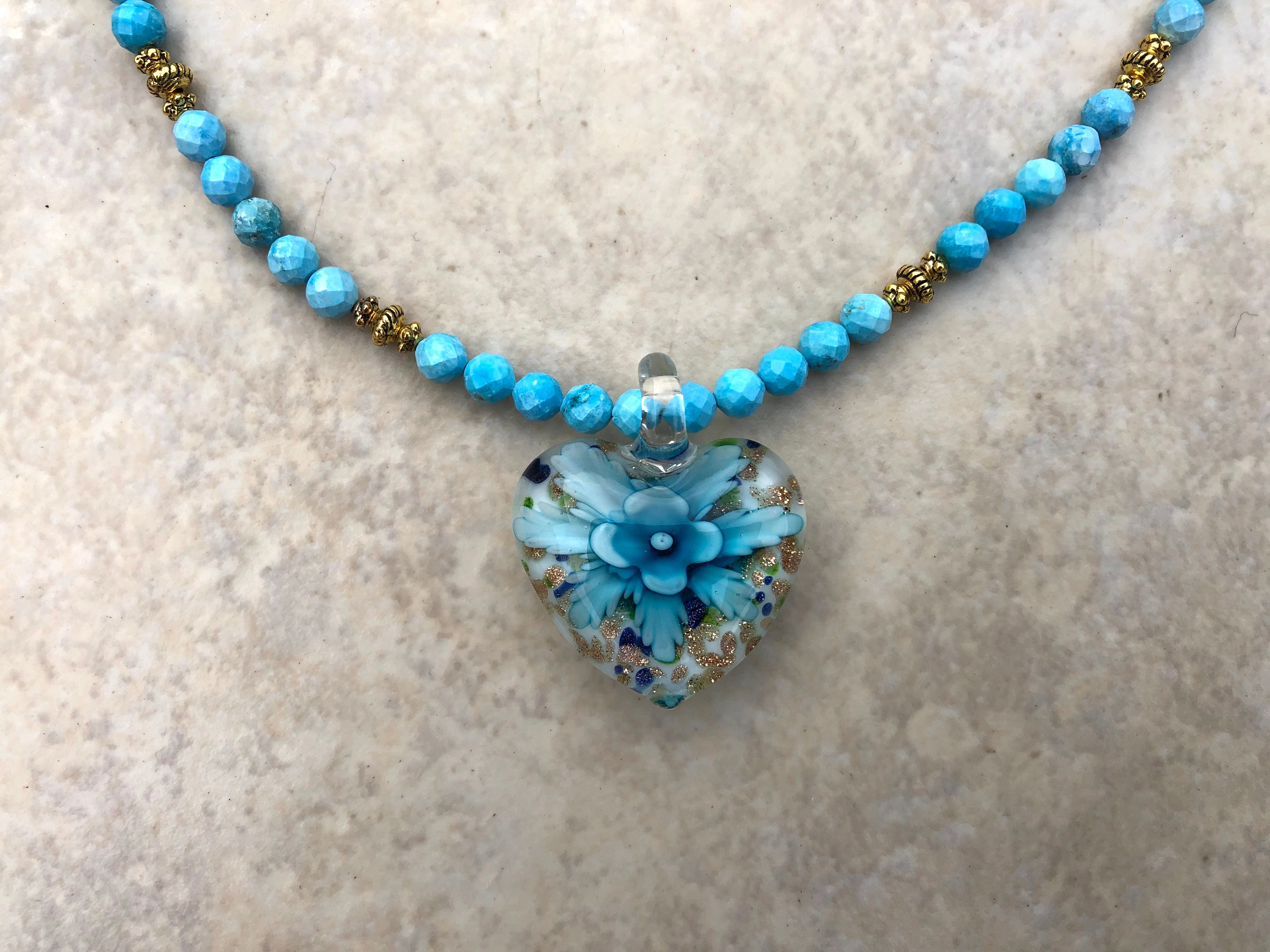 Blue Heart with Flower Glass Pendant