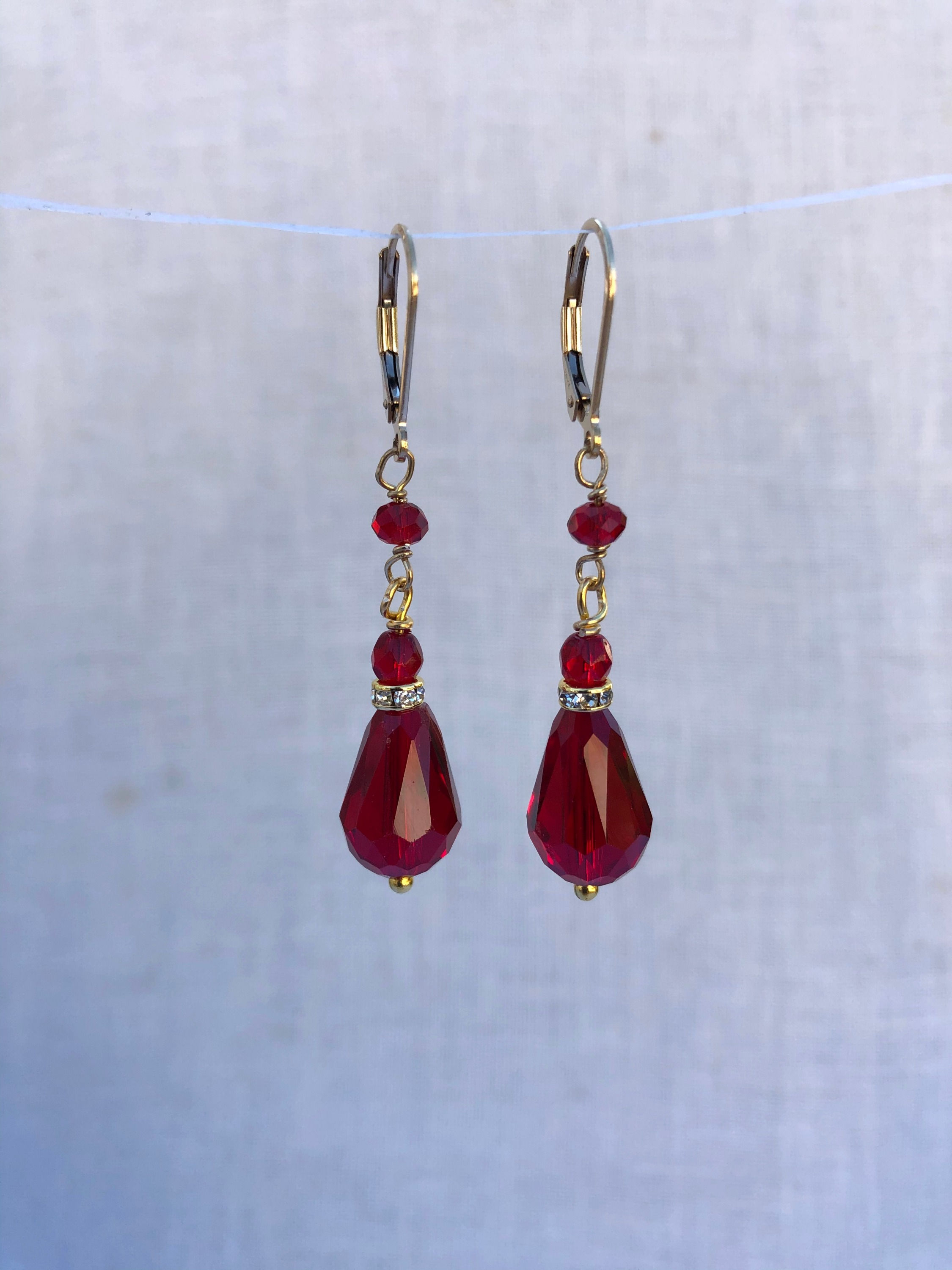 Teardrop Red Crystal Earrings Gold