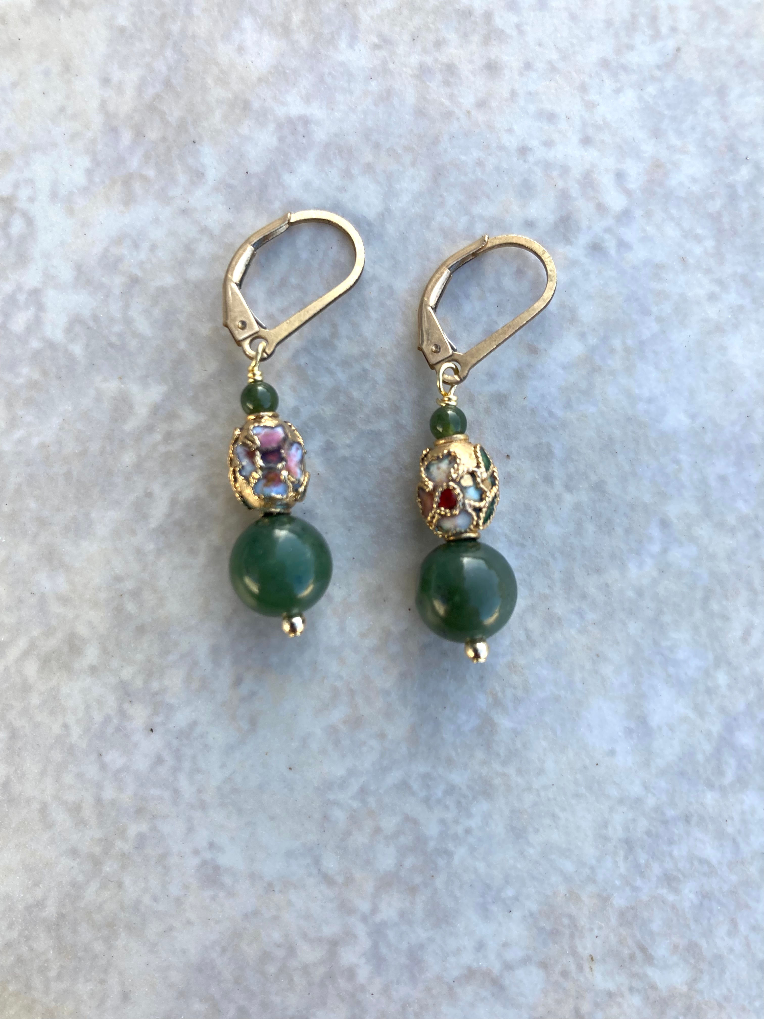Nephrite Jade and Cloisonné Earrings